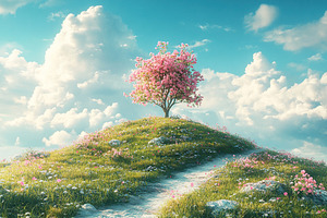 Pink tree standing along in the meadow, a Nature Photo by AlyaAnd