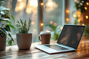 Cozy workspace with laptop, coffee,, a Photo by Pixeness Studio