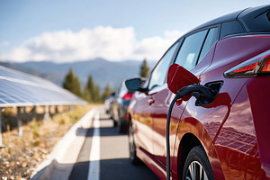 Electric car charging at a solar-powered station in a scenic outdoor location, a Transportation Photo by AlyaAnd