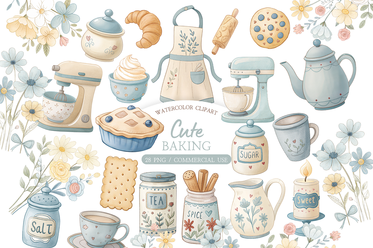 Cute Baking Watercolor Clipart, an Illustration by MockupWizard (Photo 1 of 5)