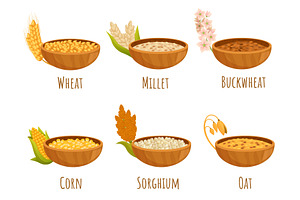 Cereals in bowls. Various breakfast, a Food Illustration by Valerie Bodnar