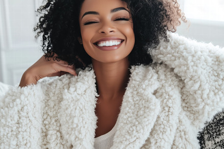 A smiling woman with curly hair wearing a cozy white sweater, sitting comfortab, a Person Photo by Textures & Backgrounds