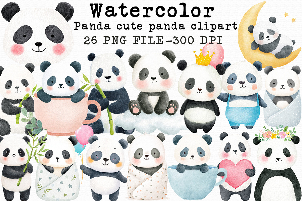 Panda Watercolor cute panda clipart, an Illustration by Libby Wishes (Photo 1 of 6)