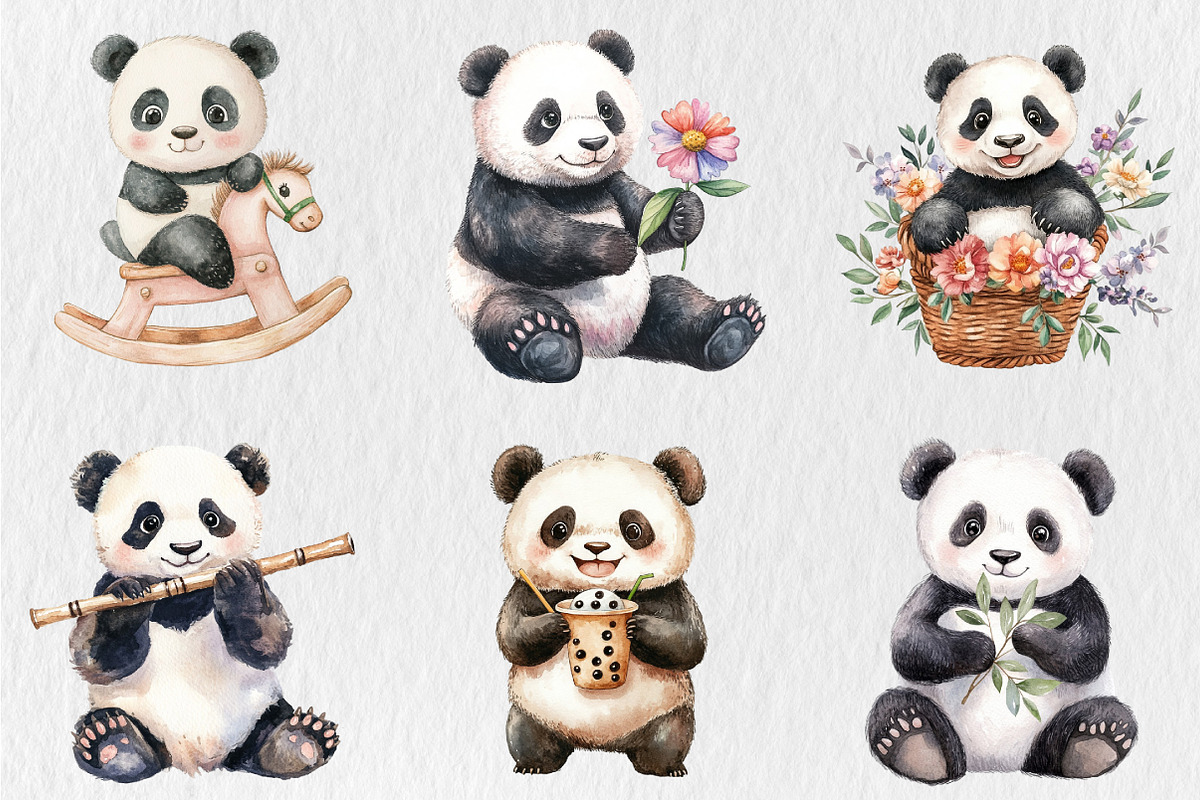 Watercolor Cute Panda Clipart, a Seasonal Illustration by Rose Art (Photo 2 of 4)