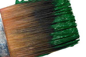 Brush with green oil paint on isolated background, bristles, an Abstract Photo by ndanko