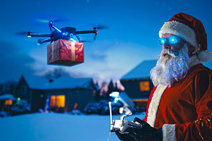 Cyborg santa claus in futuristic fantasy delivery, a Seasonal Illustration by DanFLCreativo