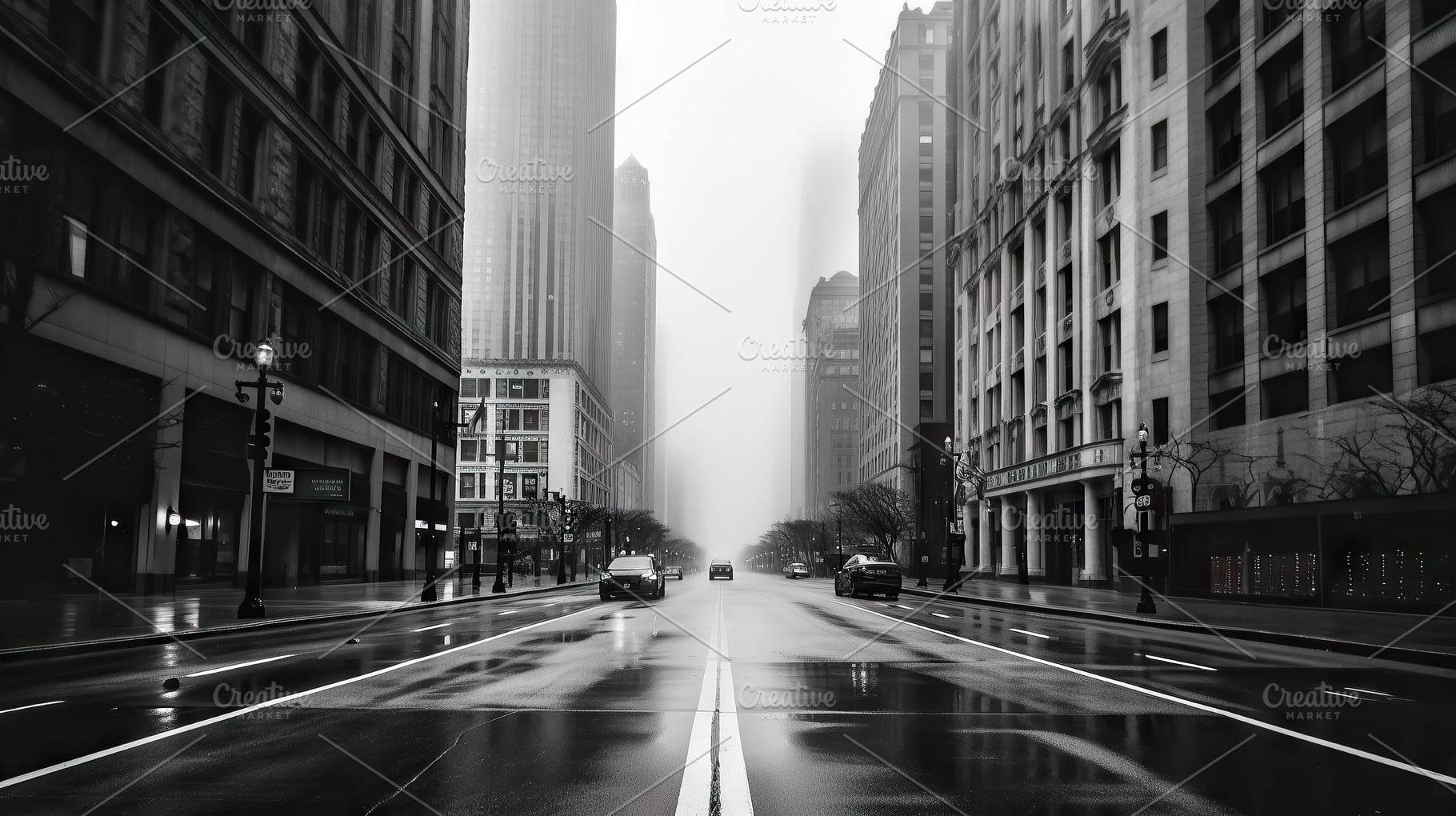 Street in the fog, Chicago, Illinois, United States of America., an Architecture Photo by AS photostudio