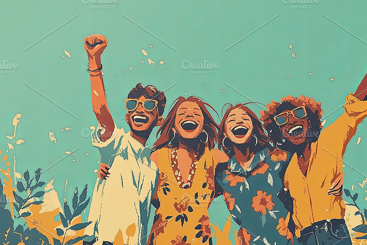 Group of four friends celebrating and laughing outdoors during a sunny day, an Illustration by AS photostudio