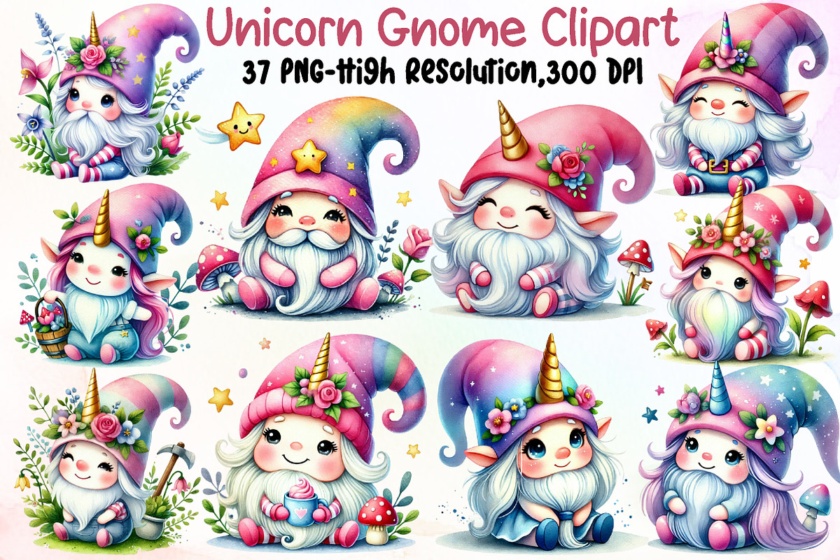 Watercolor Unicorn Gnome Clipart, an Illustration by Sublimation Artist (Photo 1 of 6)