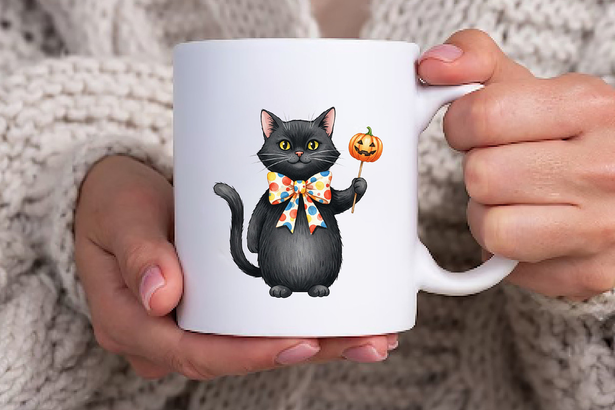 Funny Halloween Black Cat Clipart, an Illustration by Watercolor design (Photo 6 of 6)