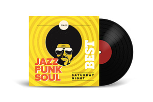 Realistic Vinyl Record with Cover Mockup. Disco party. Retro design. Front view.
