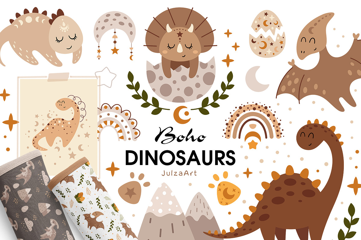 Boho dinosaur clipart & patterns, an Animal Illustration by JulzaArt (Photo 1 of 9)
