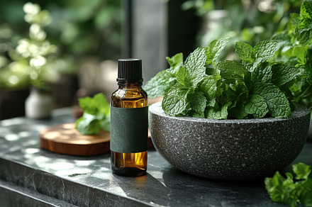 Small bottle of mint essential oil with mint leaves in mortar, a Nature Photo by AlyaAnd