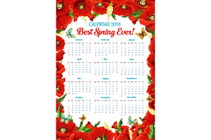 Vector Calendar 2018 Of Spring Poppy Flowers Frame