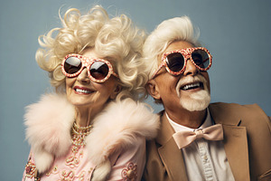 Stylish elderly couple with curly hair and oversized sunglasses, a Person Photo by ImageMir