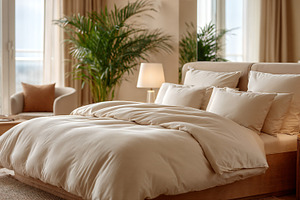 Elegant hotel room with cozy decor and serene atmosphere, a Holiday Photo by OSORIOartist