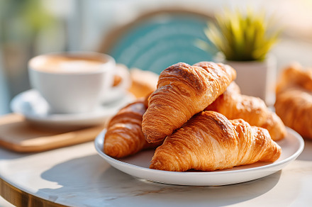 Freshly baked croissants served on a white ceramic plate in a sunny cafe settin, a Food & Drink Photo by AlyaAnd