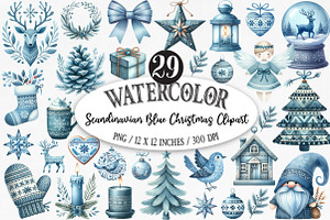 Scandinavian Blue Christmas Clipart, an Illustration by Designking