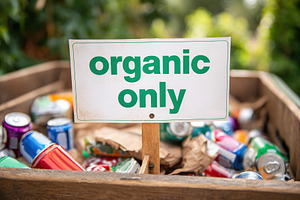 Bin marked organic only is filled with non-organic trash in a recycling area, a Photo by AlyaAnd