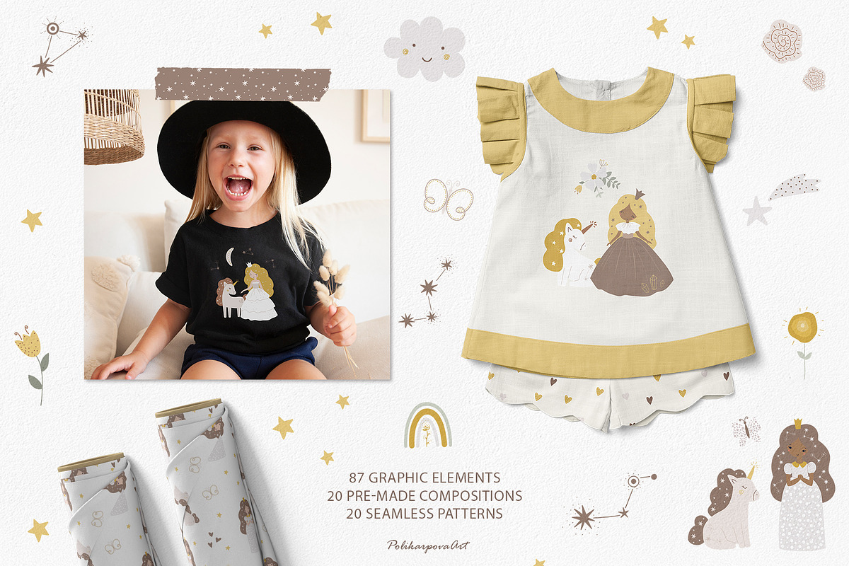Princess & Unicorn clipart & pattern, an Animal Illustration by polikarpovaart (Photo 2 of 11)