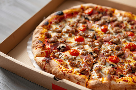 Fresh homemade pizza with cheese and meat in cardboard box, a Food & Drink Photo by AlyaAnd