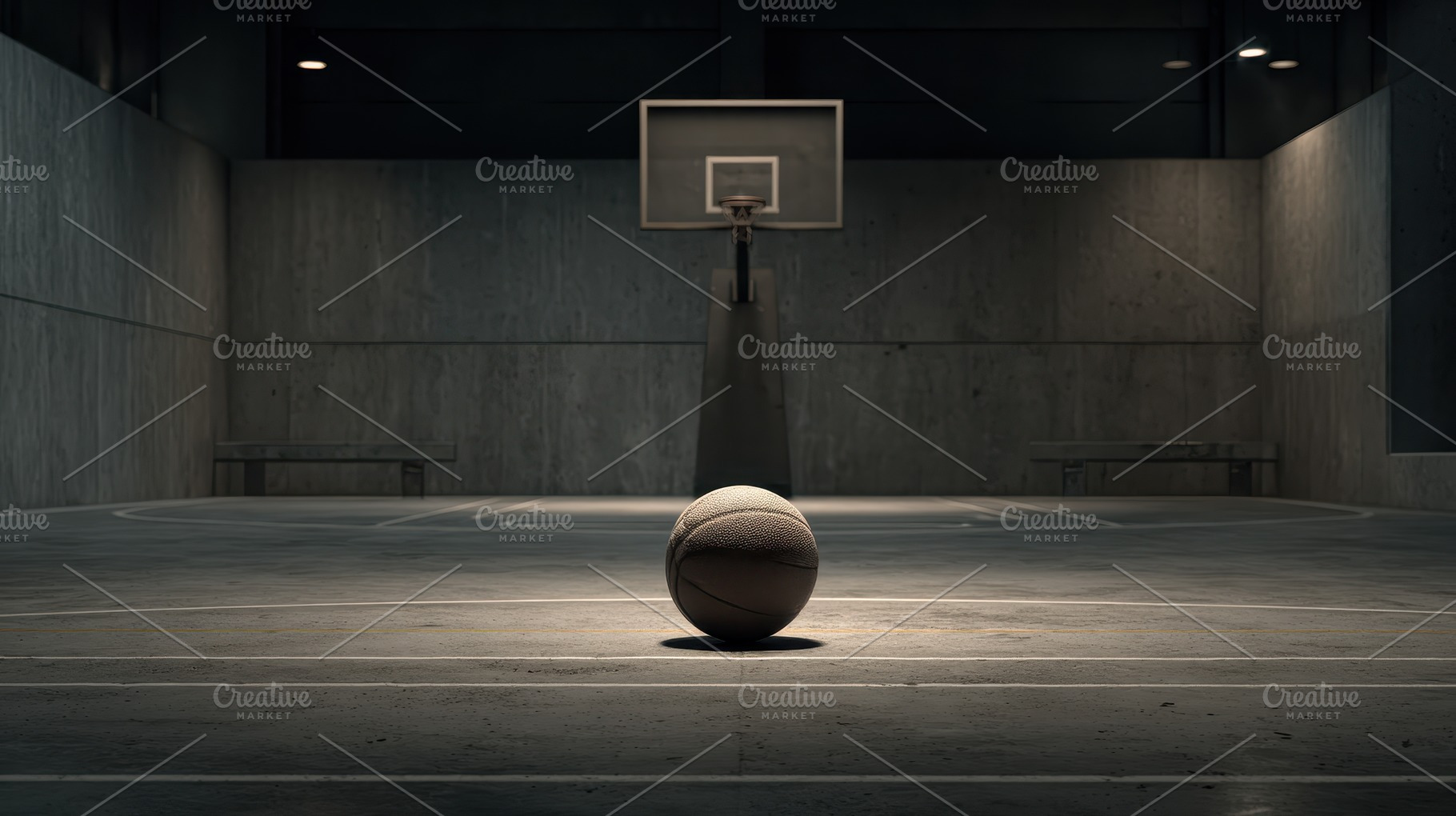 Basketball on empty indoor court nig, a Photo by Pixeness Studio