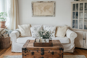 A cozy Shabby Chic interior design style living room featuring a white sofa ado, an Arts & Entertainment Photo by Textures & Backgrounds