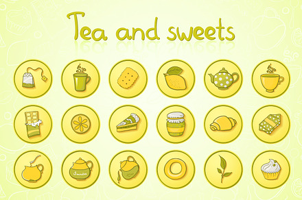 Tea and sweets round icons set
