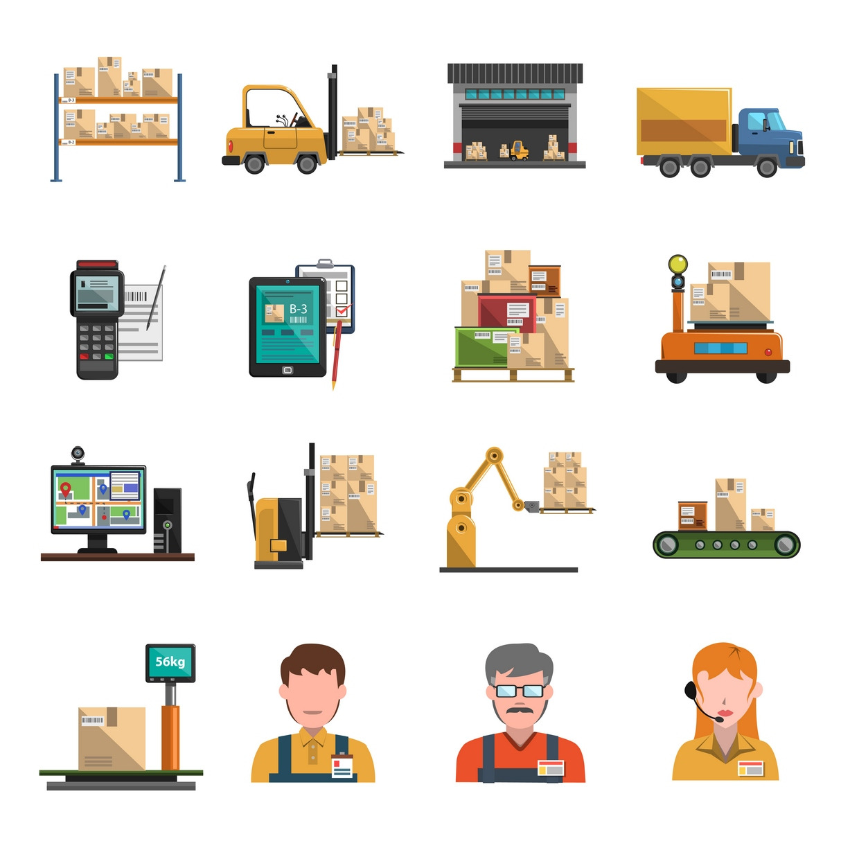 Warehouse icons flat set, an Icon by Macrovector