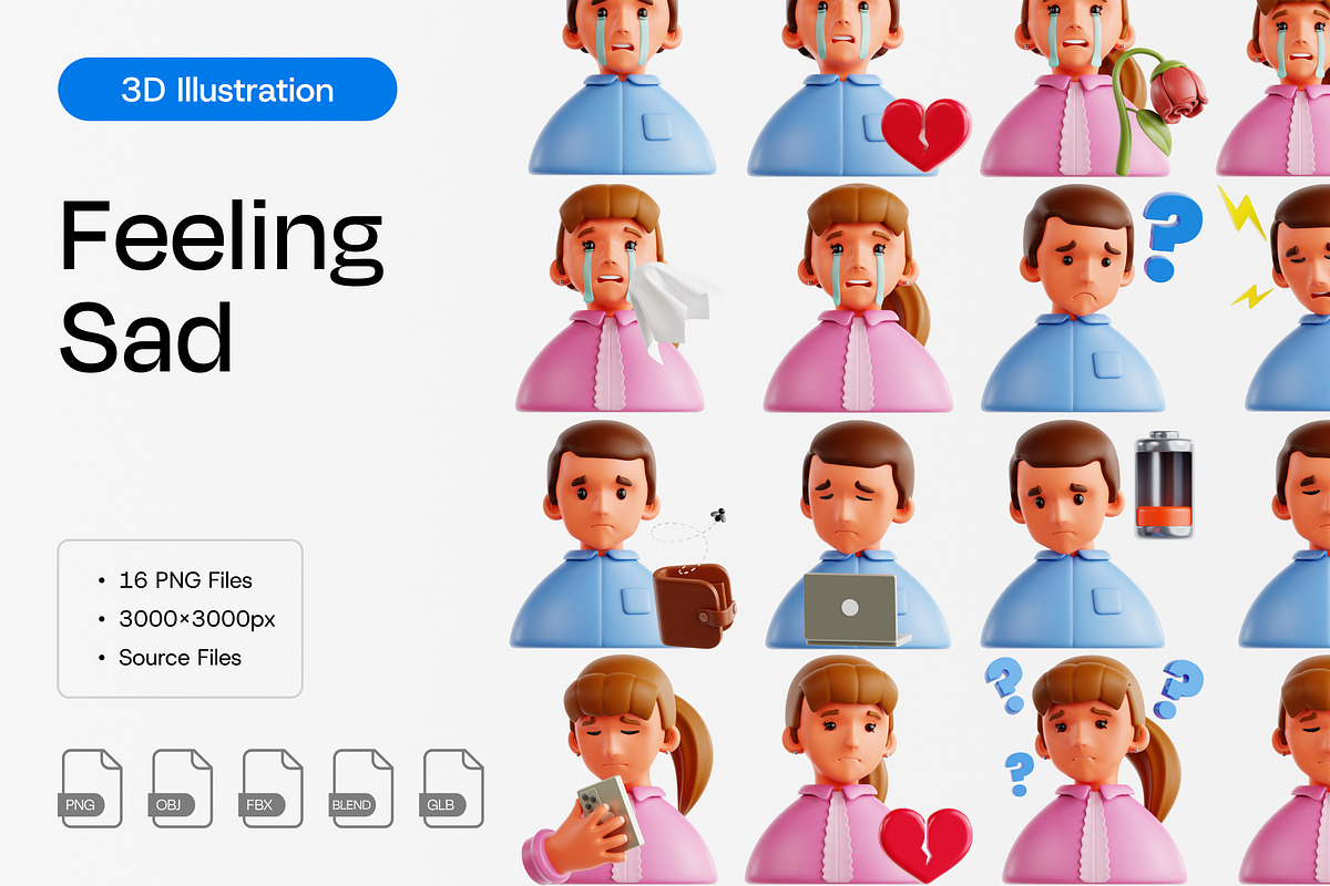 Feeling Sad 3D Icon Set, an Object 3D Model by Eklip Studio (Photo 1 of 2)