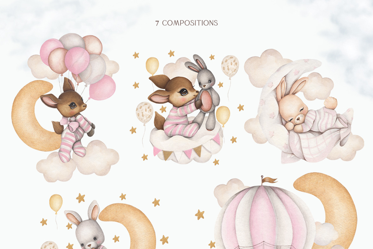 Watercolor Cute Set In The Sky, an Animal Illustration by ViktoriyaD (Photo 10 of 12)