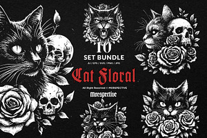 10 Bundle Dark Art Cat Floral Rose, an Illustration by Morspective