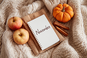 Cozy autumn-themed flat lay featuring a notebook and seasonal produce in Novemb, a Background Photo by AlyaAnd