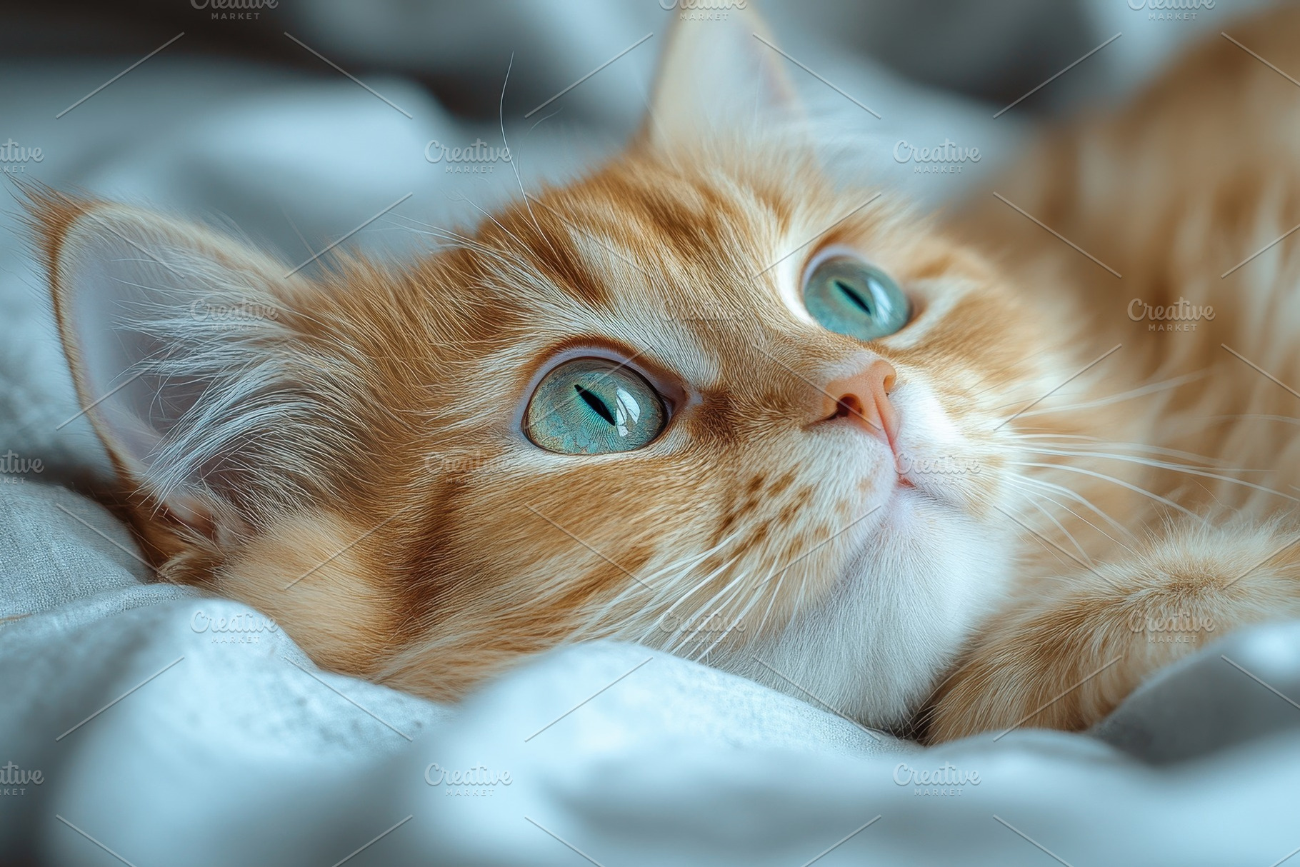 Curious ginger kitten gazes up while, a Photo by Tanuart