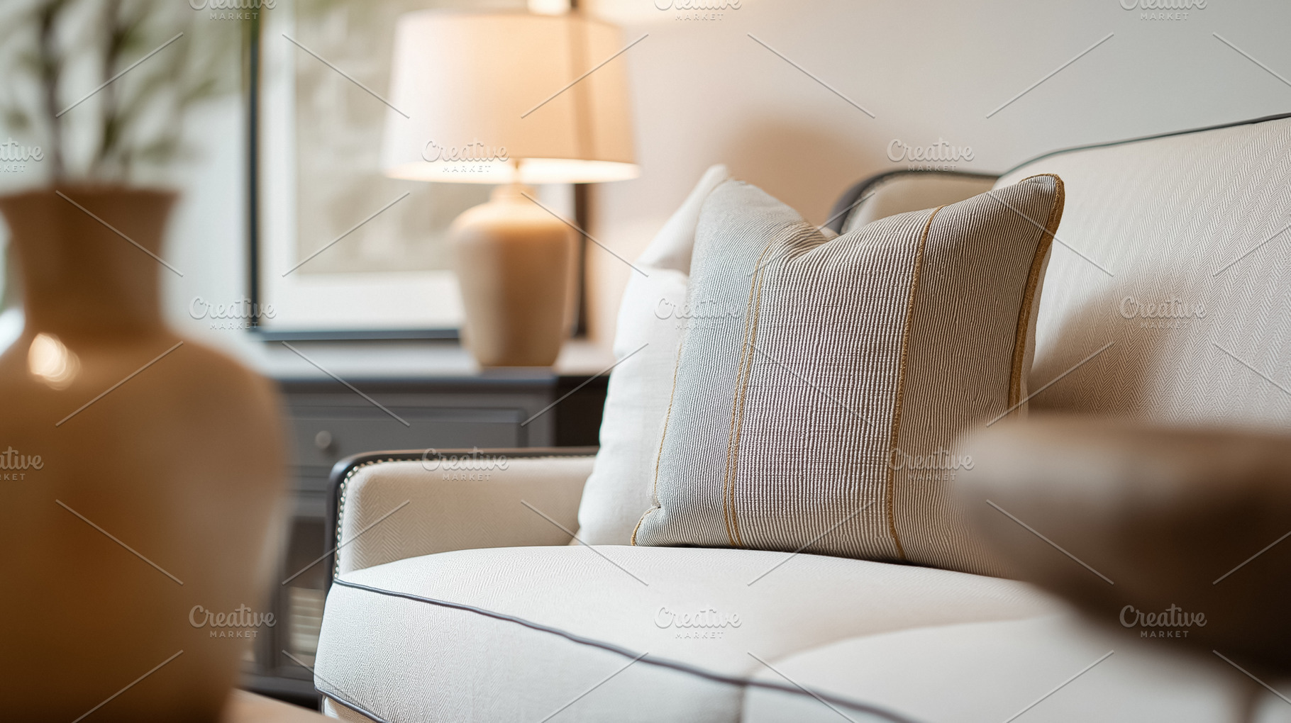 Elegant living room interior design showcasing a comfortable couch with decorat, an Architecture Photo by Studio ANNA