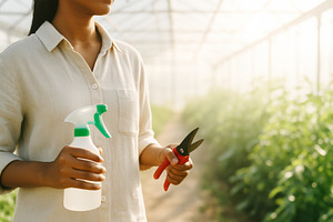 Woman farmer holding spray bottle and shears in greenhouse, inte, a Photo by Dvoevnore photos