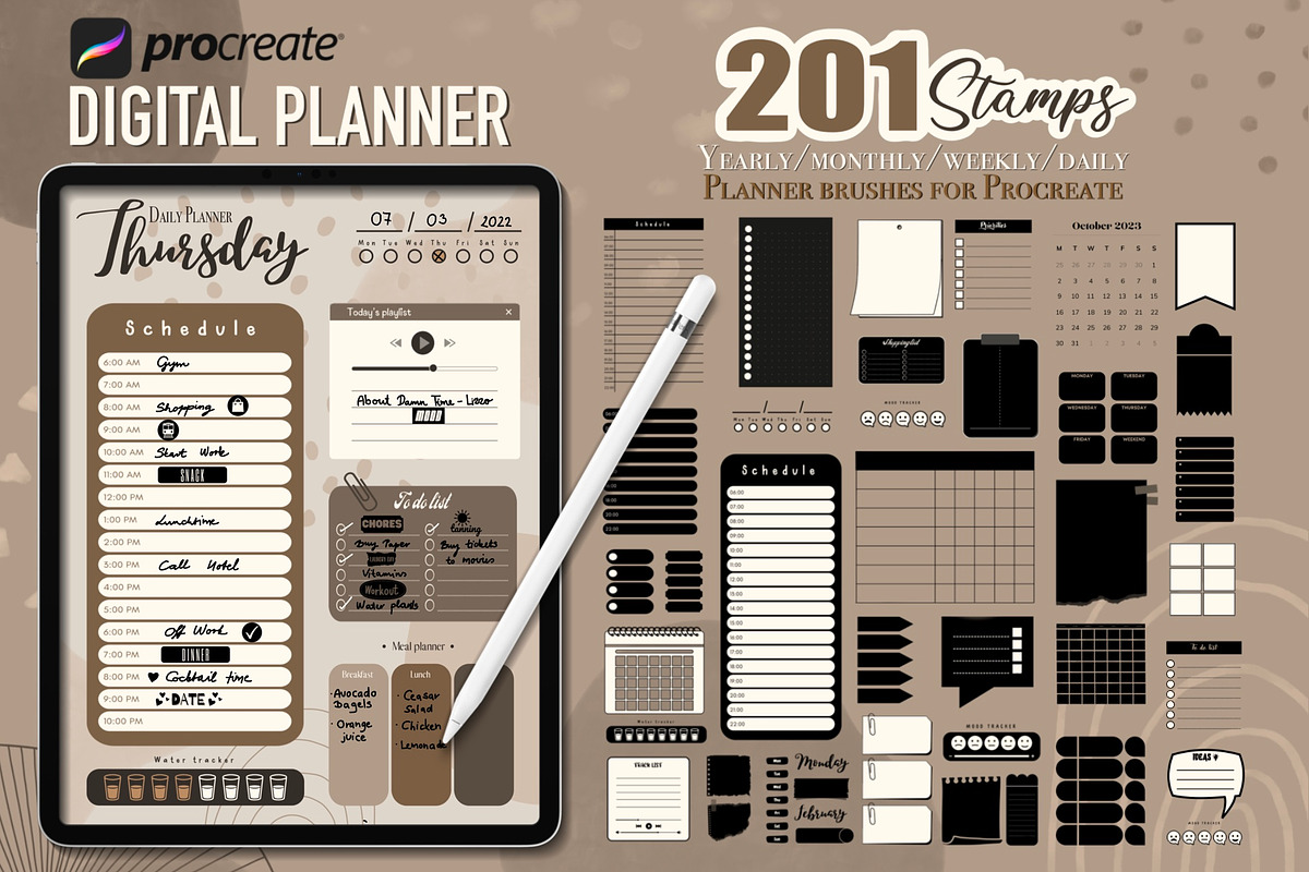 Procreate Digital planner brushes, a Brush Add-On by PDknyStudio