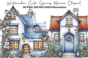 Watercolor Cute Spring House Clipart, an Illustration by Black Bird Studio