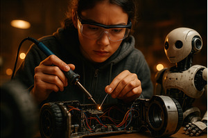 A young person wearing protective, a Technology Photo by Sergey Kotenev