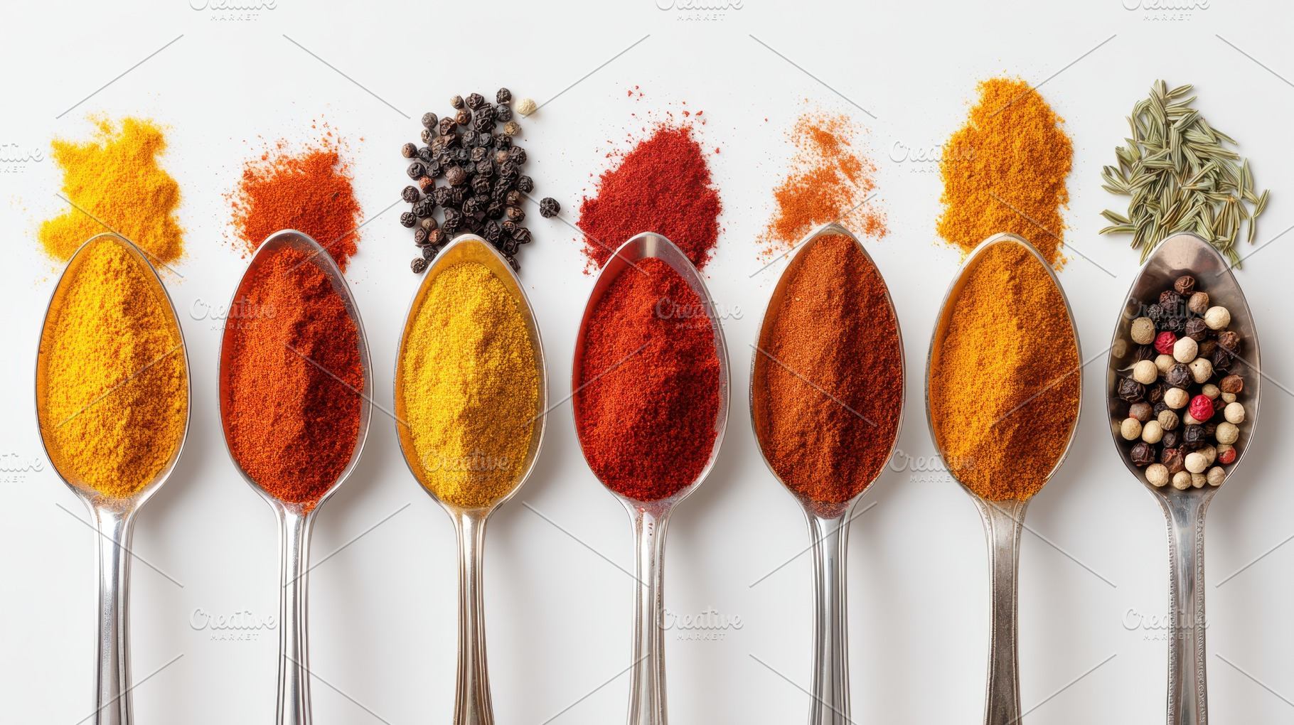 Variety of spices in silver spoons on white background, a Food & Drink Photo by AlyaAnd