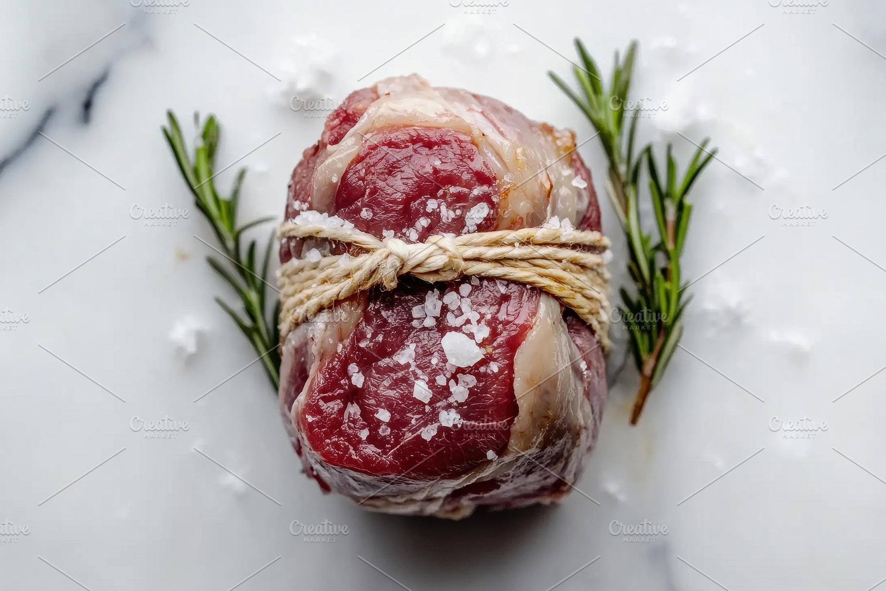 Freshly prepared cut of meat tied wi, a Photo by Tanuart