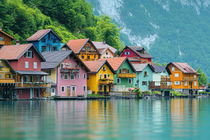 Colorful village houses by the lake, a Photo by Iftikhar Alam