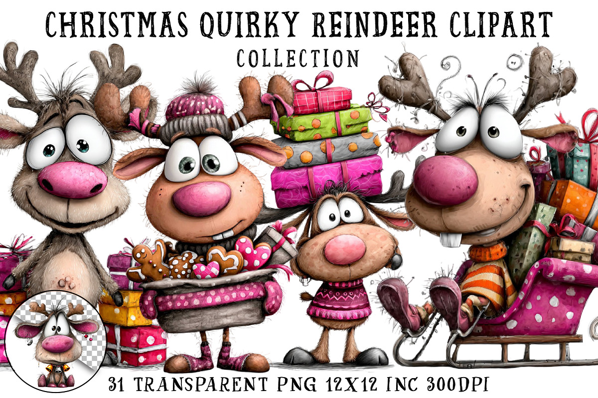 Christmas Quirky Reindeer Clipart, an Illustration by OK Design (Photo 1 of 6)