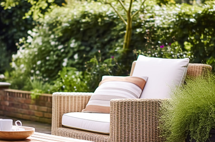 Garden lounge, outdoor furniture and countryside house patio dec, a Photo by Anneleven