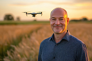 Man operates drone in a golden field, a Photo by Tanuart