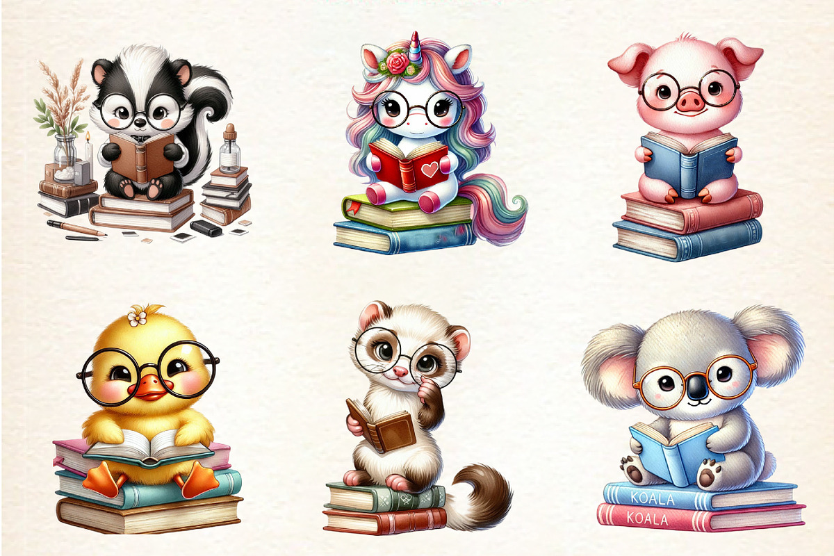 Cute Animals Reading Book Clipart PN, an Illustration by DreamArtGraphic (Photo 3 of 4)