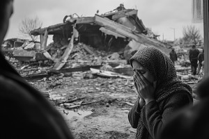 Woman stands in tears before ruins, a Person Photo by MistyDay
