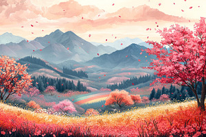 Cherry blossom trees lining a rural path with colorful flower fi, a Holiday Photo by José Manuel Gelpi