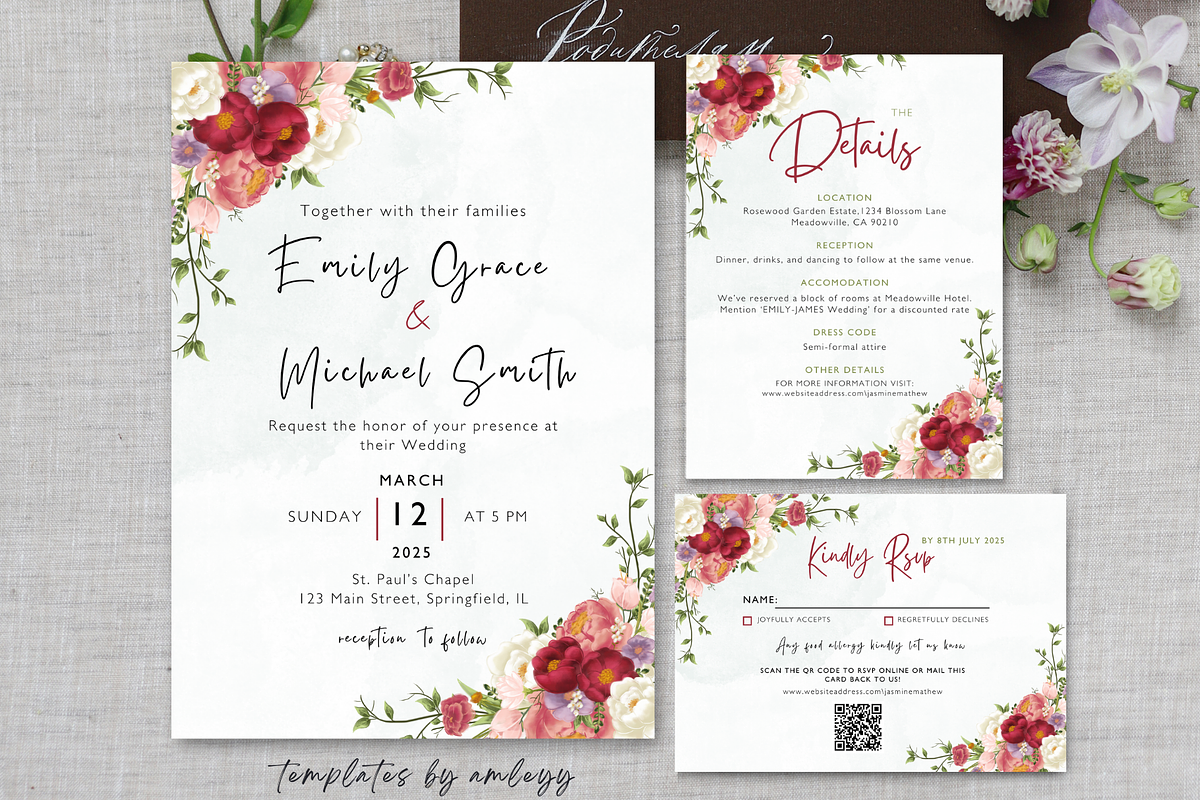 Rose Wedding Invitation Suite,, an Invitation Template by Elegant_Studio44 (Photo 4 of 4)