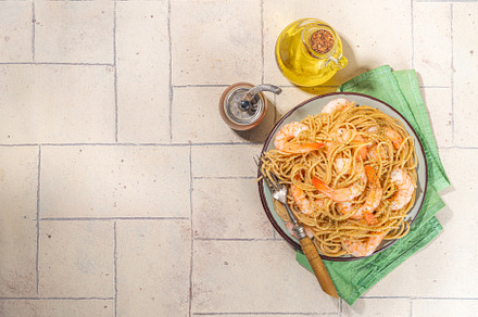 Spaghetti pasta with shrimp, a Food & Drink Photo by Rimma